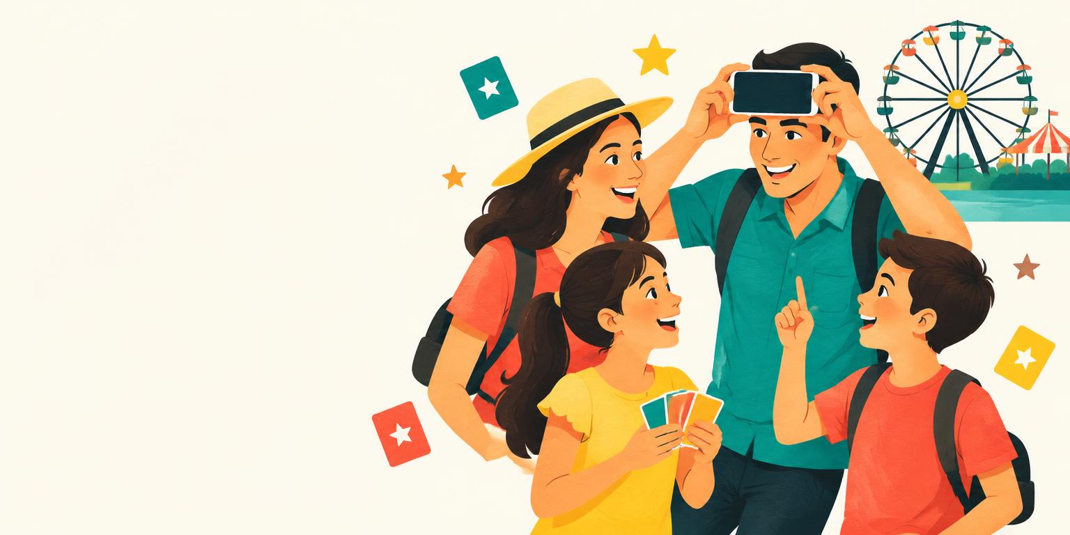 A family playing a forehead guessing game at a theme park